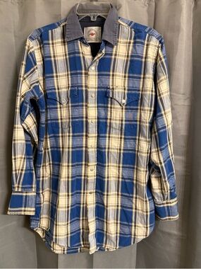 Men's Blue and Cream Plaid Button-Down Shirt with Contrast Collar